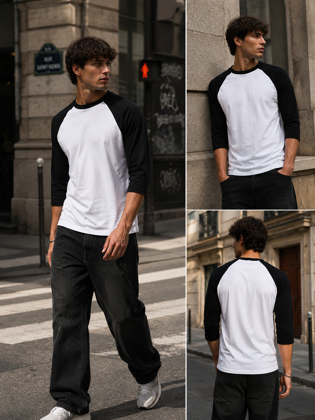 T-shirt Streetwear Manches 3/4 – Noir & Blanc