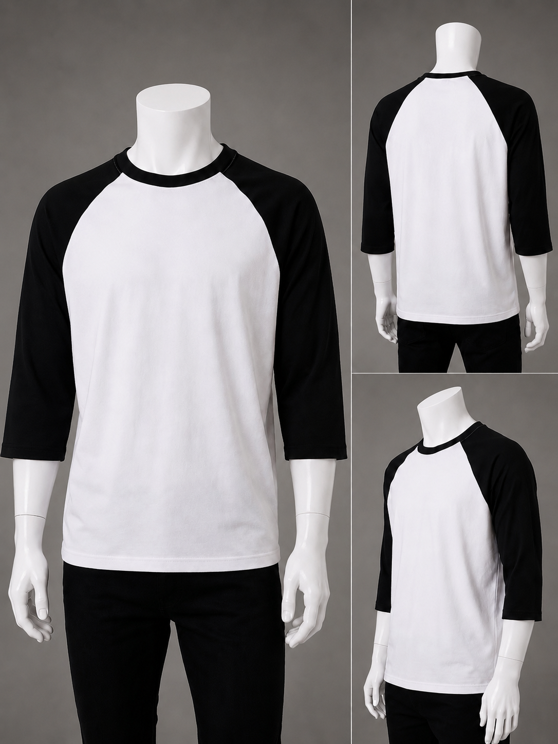 T-Shirt Manche 3/4 Noir & Blanc 100% Coton