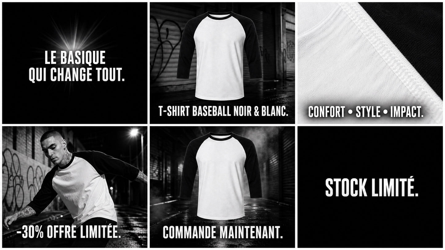 T-Shirt Manche 3/4 Noir & Blanc 100% Coton